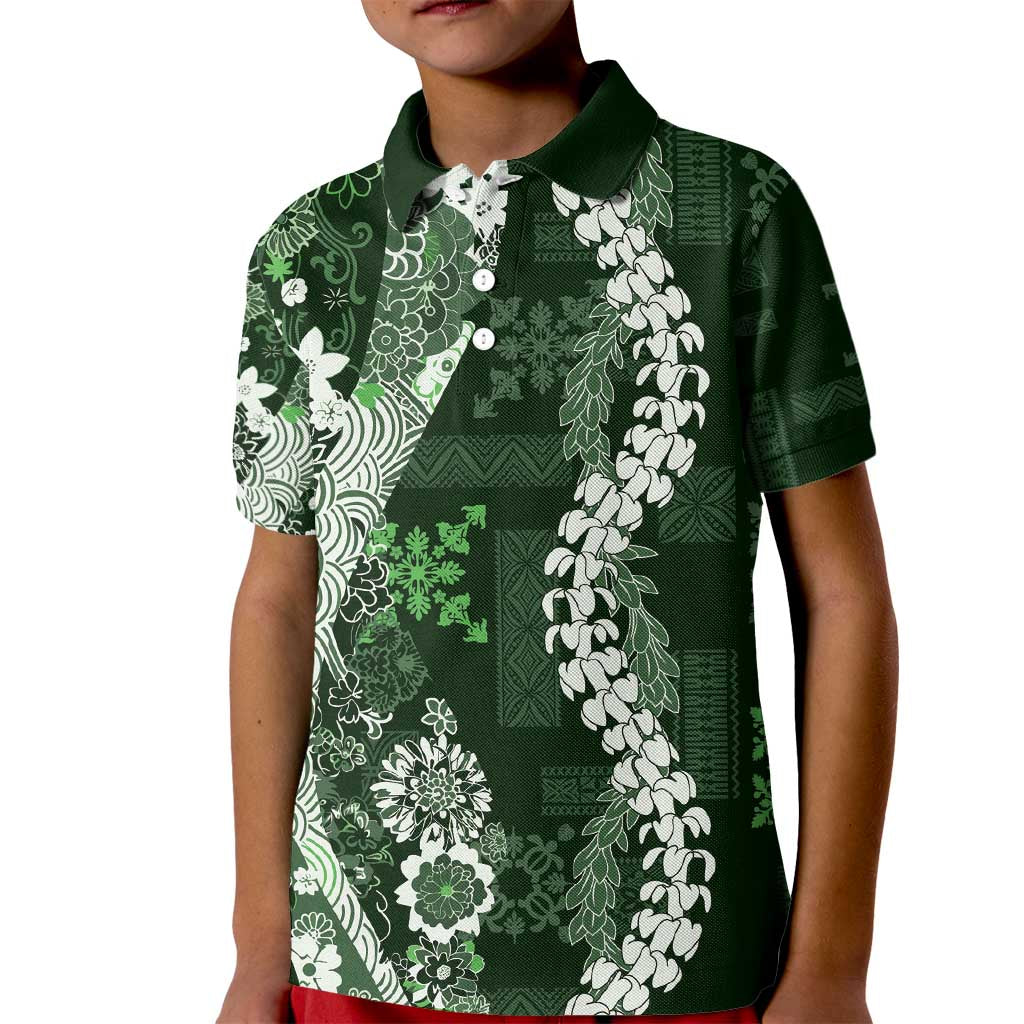 Hawaii Puakenikeni and Maile Lei Kid Polo Shirt Green Japanese Wave Style - Polynesian Pride