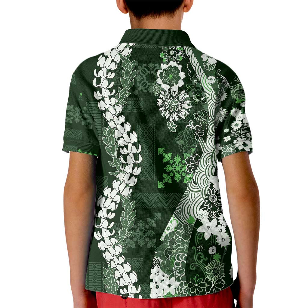 Hawaii Puakenikeni and Maile Lei Kid Polo Shirt Green Japanese Wave Style - Polynesian Pride