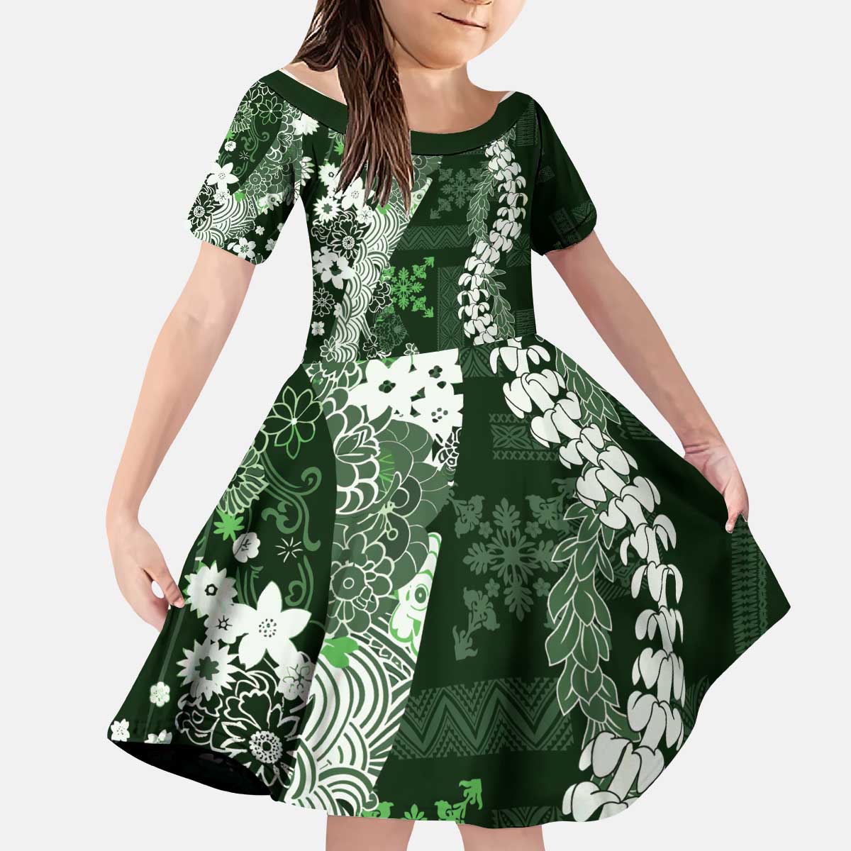 Hawaii Puakenikeni and Maile Lei Kid Short Sleeve Dress Green Japanese Wave Style LT9 KID Green - Polynesian Pride