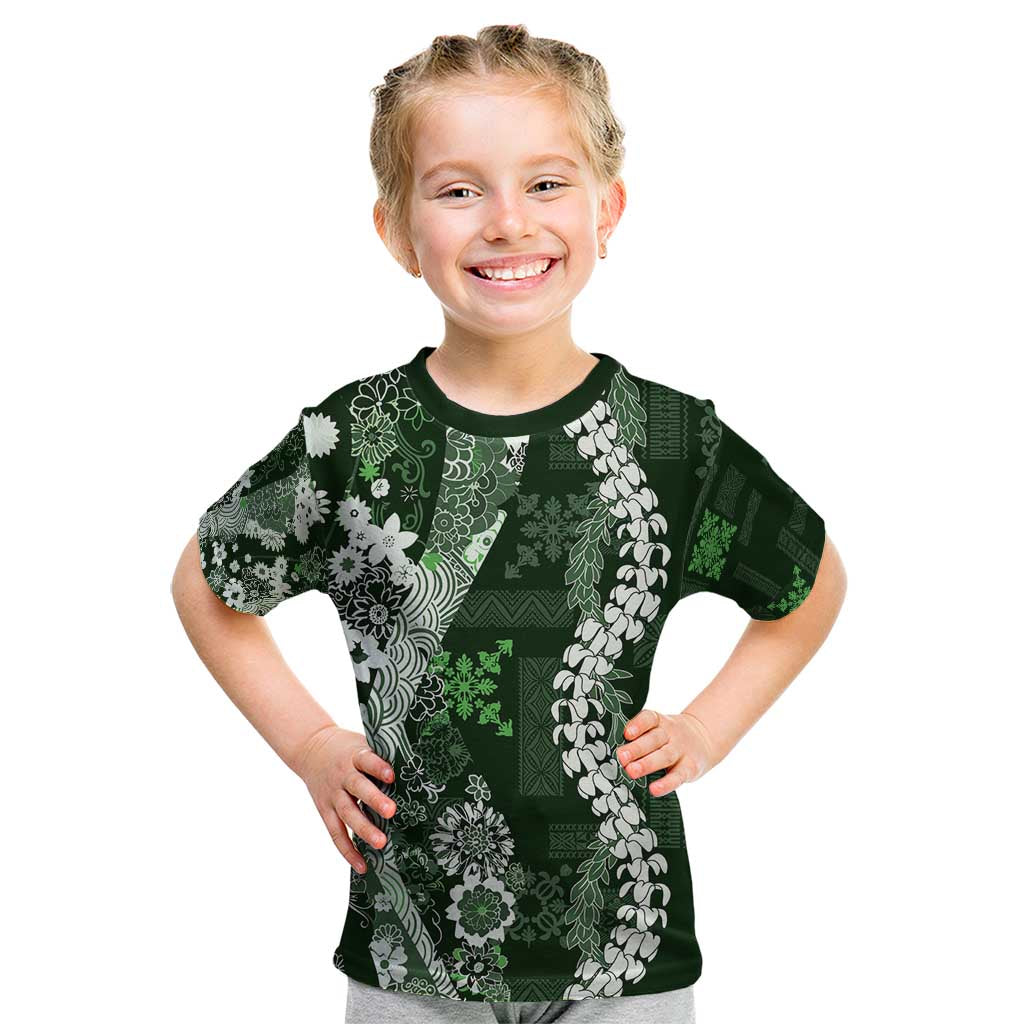 Hawaii Puakenikeni and Maile Lei Kid T Shirt Green Japanese Wave Style - Polynesian Pride
