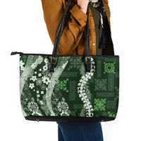 Hawaii Puakenikeni and Maile Lei Leather Tote Bag Green Japanese Wave Style - Polynesian Pride