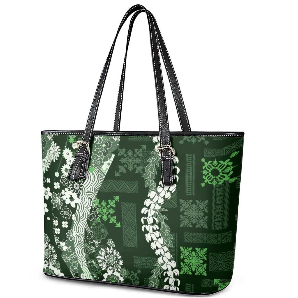 Hawaii Puakenikeni and Maile Lei Leather Tote Bag Green Japanese Wave Style - Polynesian Pride