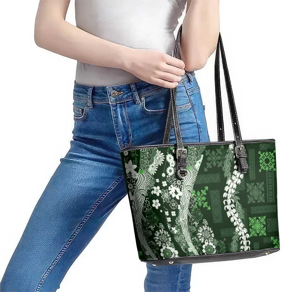 Hawaii Puakenikeni and Maile Lei Leather Tote Bag Green Japanese Wave Style - Polynesian Pride