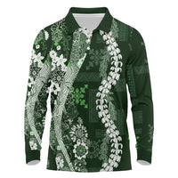 Hawaii Puakenikeni and Maile Lei Long Sleeve Polo Shirt Green Japanese Wave Style - Polynesian Pride