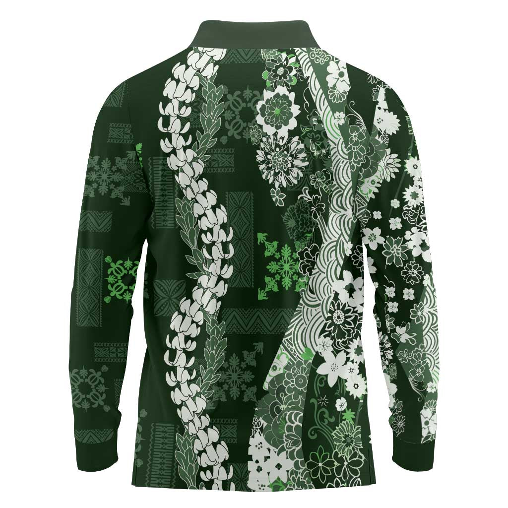 Hawaii Puakenikeni and Maile Lei Long Sleeve Polo Shirt Green Japanese Wave Style - Polynesian Pride