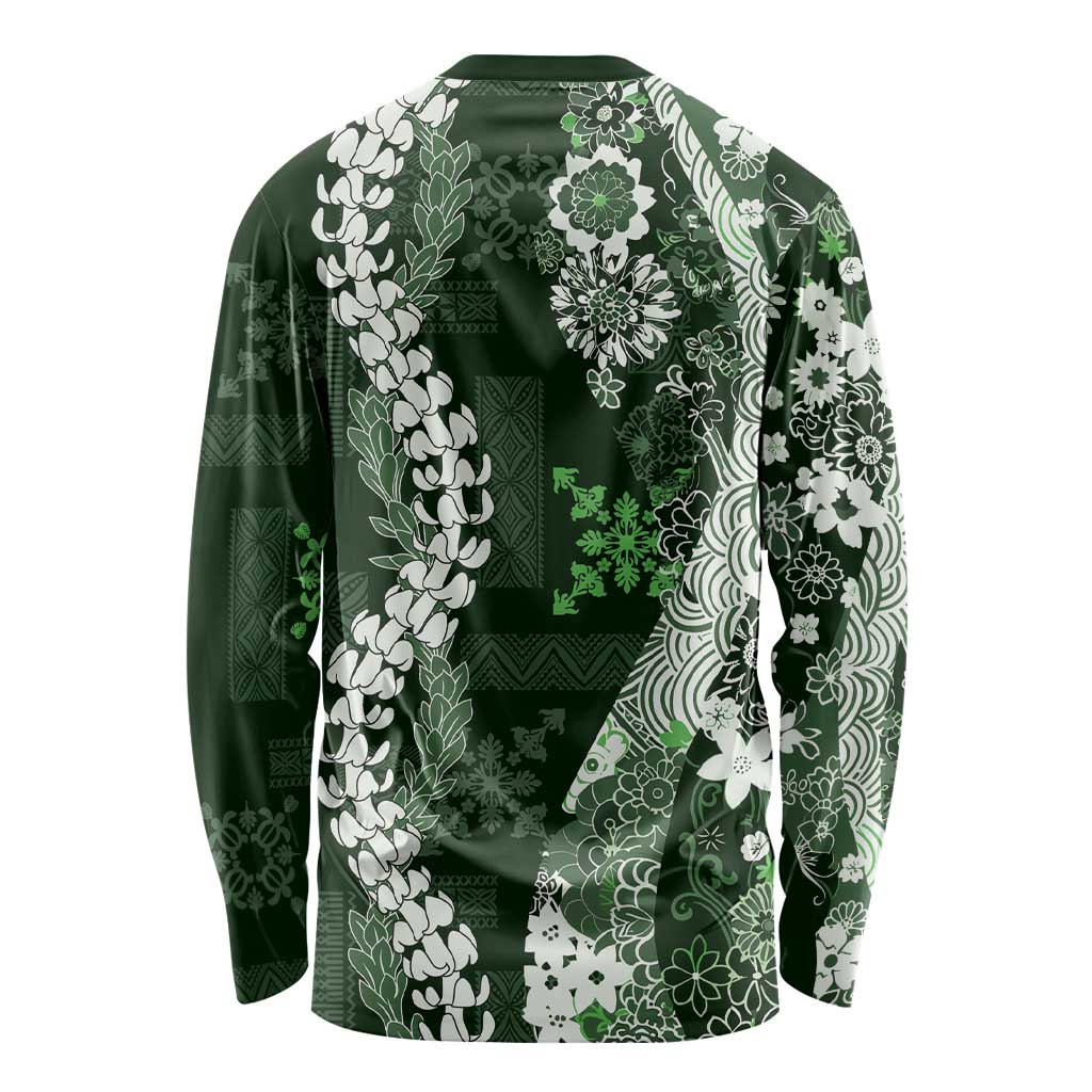 Hawaii Puakenikeni and Maile Lei Long Sleeve Shirt Green Japanese Wave Style LT9 - Polynesian Pride