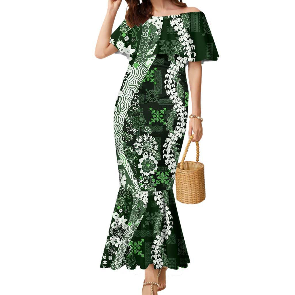 Hawaii Puakenikeni and Maile Lei Mermaid Dress Green Japanese Wave Style - Polynesian Pride