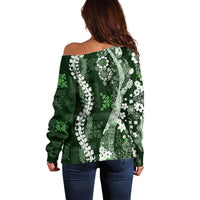 Hawaii Puakenikeni and Maile Lei Off Shoulder Sweater Green Japanese Wave Style - Polynesian Pride