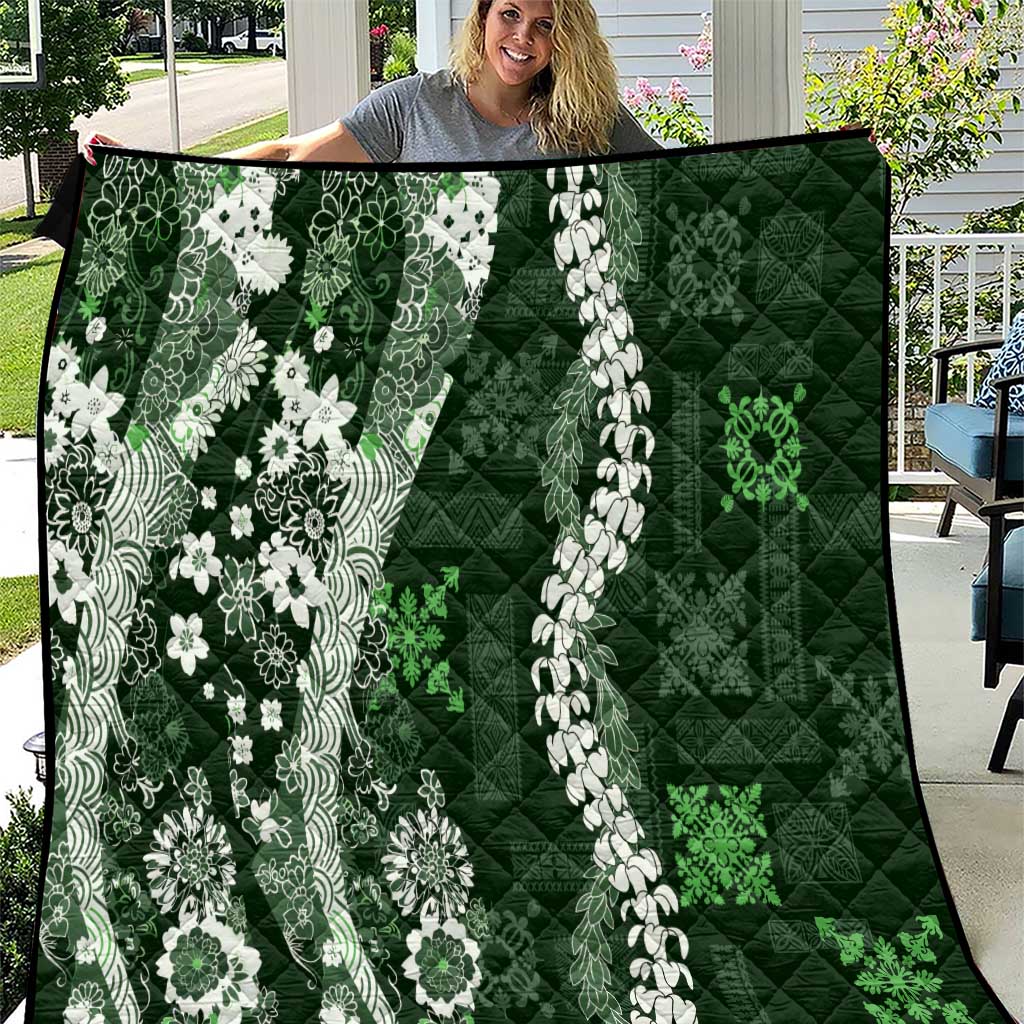 Hawaii Puakenikeni and Maile Lei Quilt Green Japanese Wave Style - Polynesian Pride