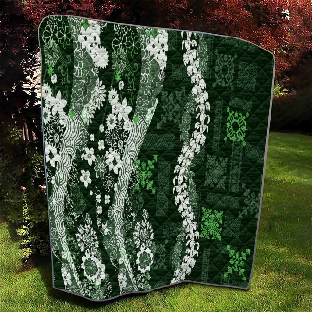 Hawaii Puakenikeni and Maile Lei Quilt Green Japanese Wave Style - Polynesian Pride