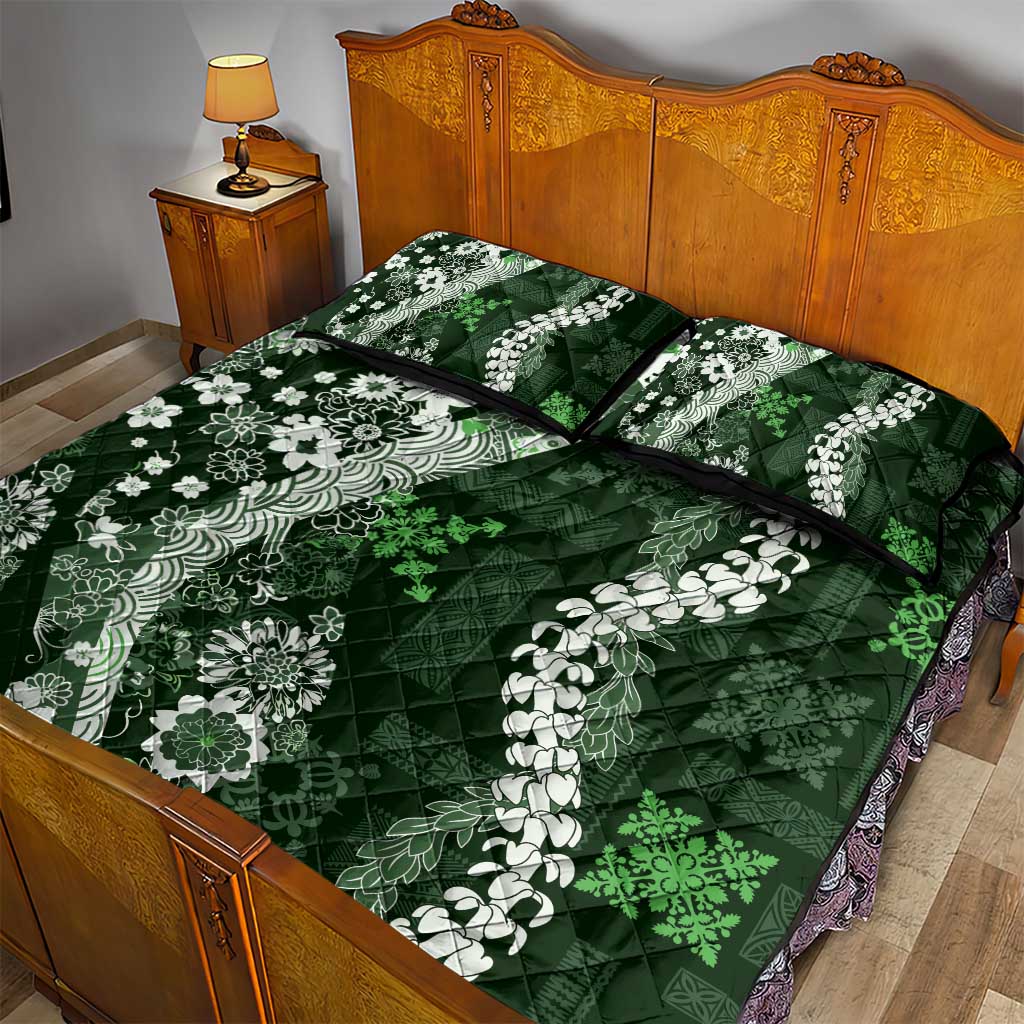 Hawaii Puakenikeni and Maile Lei Quilt Bed Set Green Japanese Wave Style - Polynesian Pride