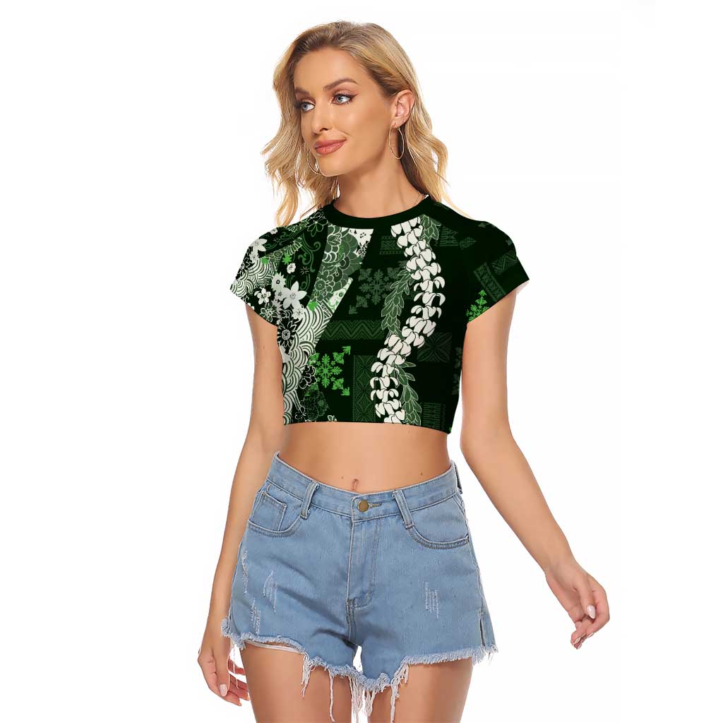 Hawaii Puakenikeni and Maile Lei Raglan Cropped T Shirt Green Japanese Wave Style LT9 Female Green - Polynesian Pride