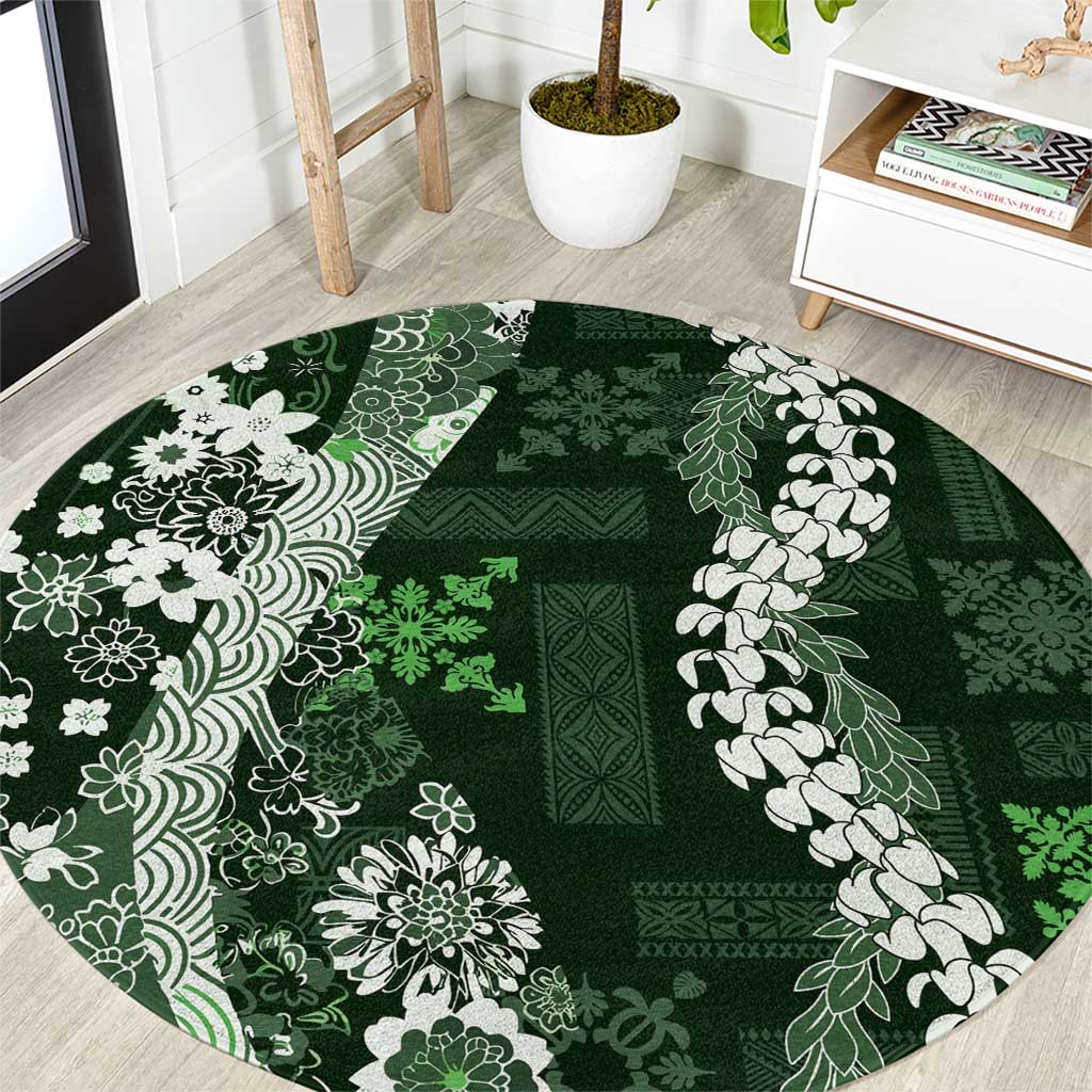 Hawaii Puakenikeni and Maile Lei Round Carpet Green Japanese Wave Style - Polynesian Pride