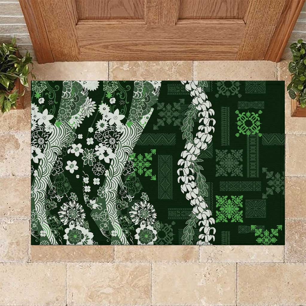 Hawaii Puakenikeni and Maile Lei Rubber Doormat Green Japanese Wave Style LT9 Green - Polynesian Pride