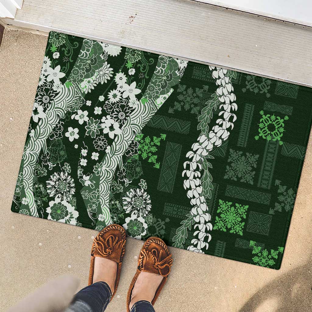 Hawaii Puakenikeni and Maile Lei Rubber Doormat Green Japanese Wave Style LT9 - Polynesian Pride