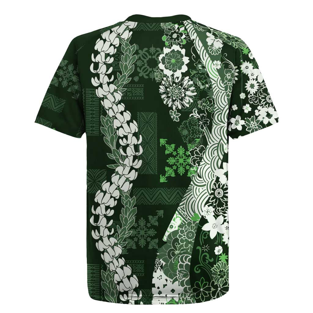 Hawaii Puakenikeni and Maile Lei Rugby Jersey Green Japanese Wave Style LT9 - Polynesian Pride