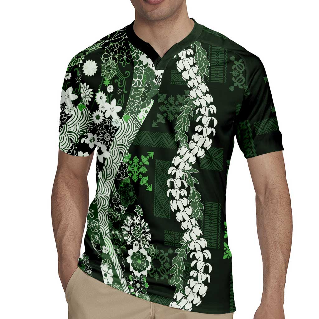 Hawaii Puakenikeni and Maile Lei Rugby Jersey Green Japanese Wave Style LT9 - Polynesian Pride