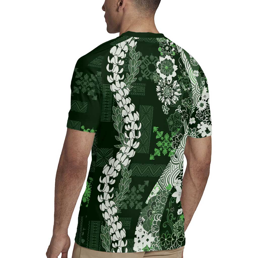 Hawaii Puakenikeni and Maile Lei Rugby Jersey Green Japanese Wave Style LT9 - Polynesian Pride