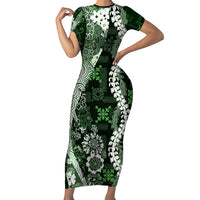 Hawaii Puakenikeni and Maile Lei Short Sleeve Bodycon Dress Green Japanese Wave Style - Polynesian Pride