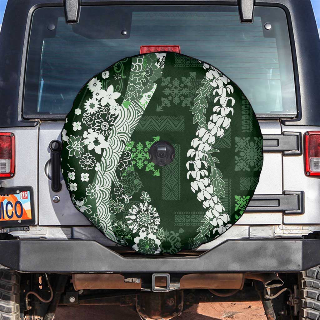 Hawaii Puakenikeni and Maile Lei Spare Tire Cover Green Japanese Wave Style - Polynesian Pride