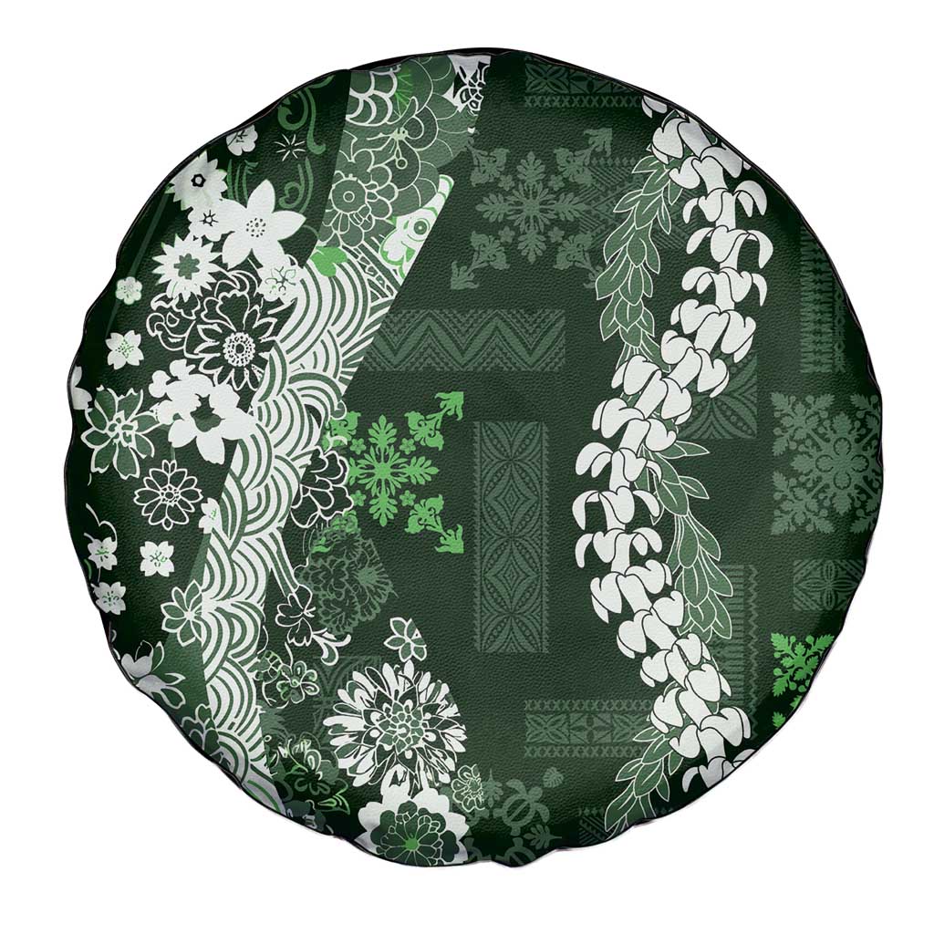 Hawaii Puakenikeni and Maile Lei Spare Tire Cover Green Japanese Wave Style - Polynesian Pride
