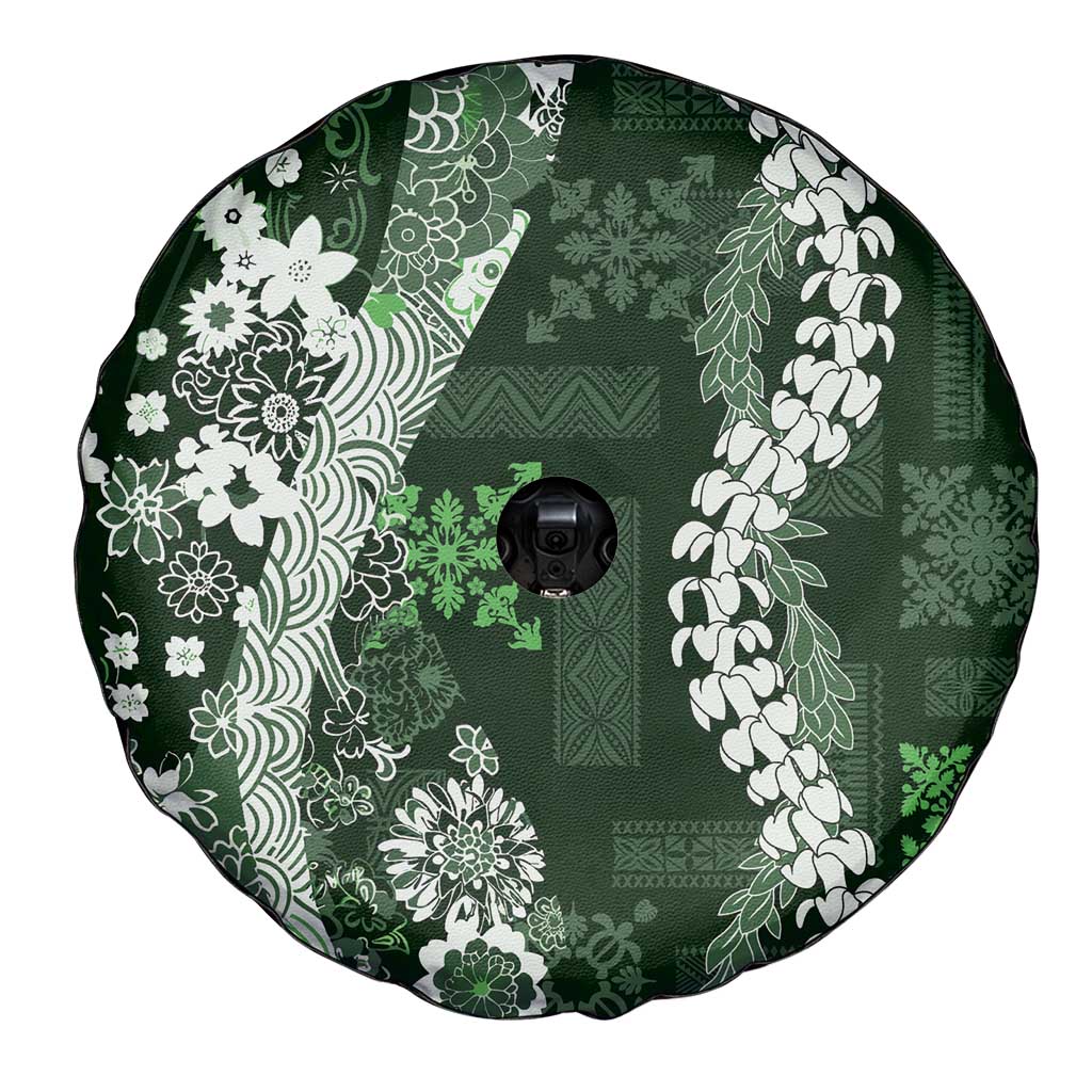 Hawaii Puakenikeni and Maile Lei Spare Tire Cover Green Japanese Wave Style - Polynesian Pride