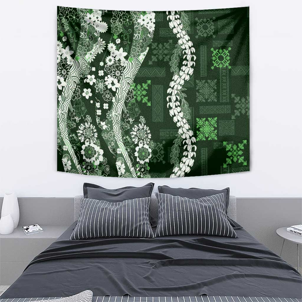 Hawaii Puakenikeni and Maile Lei Tapestry Green Japanese Wave Style - Polynesian Pride