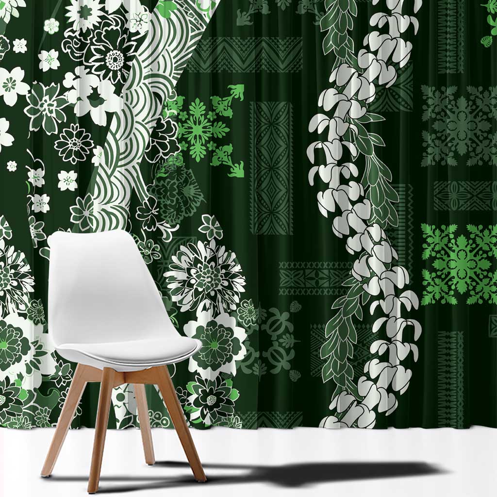 Hawaii Puakenikeni and Maile Lei Window Curtain Green Japanese Wave Style - Polynesian Pride