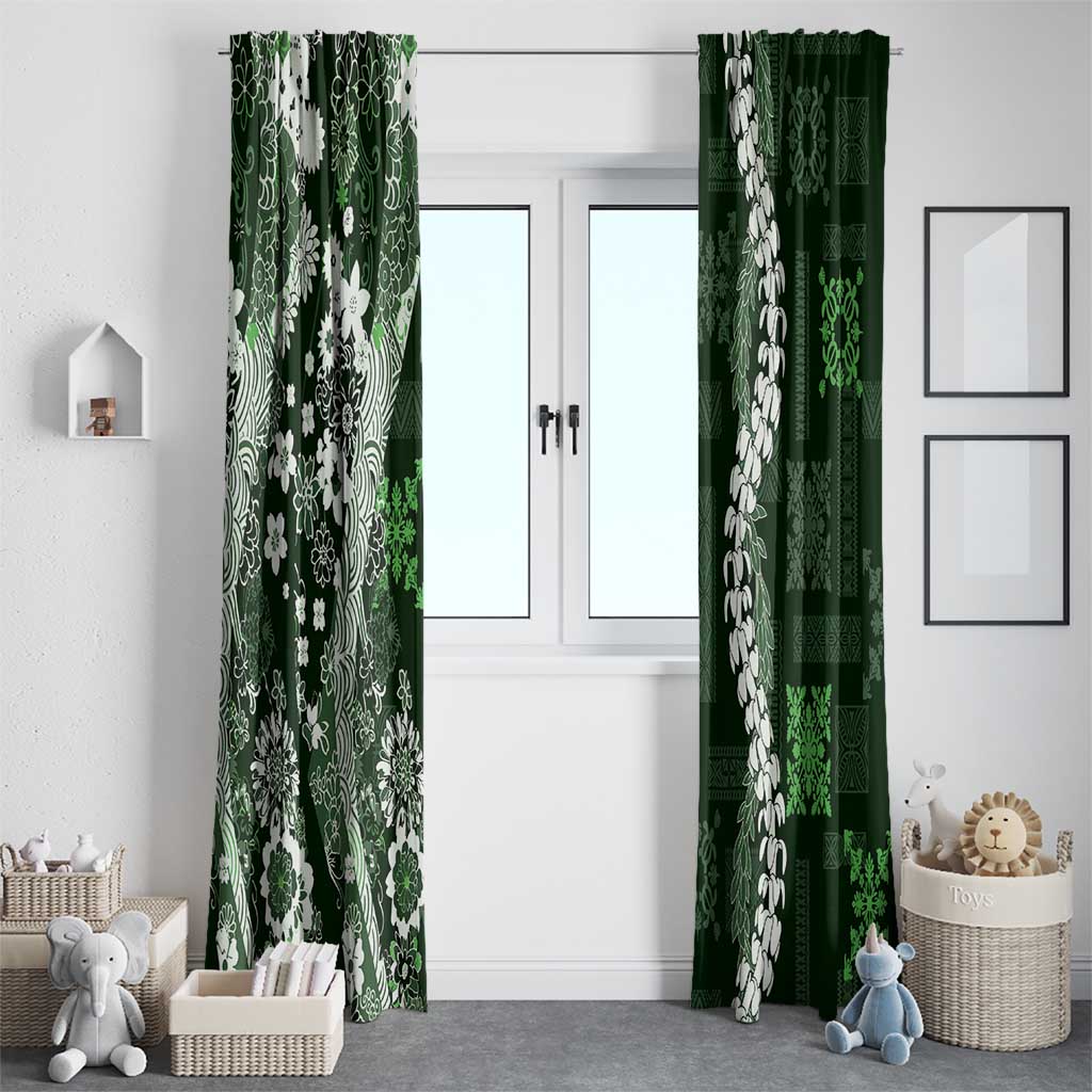 Hawaii Puakenikeni and Maile Lei Window Curtain Green Japanese Wave Style - Polynesian Pride