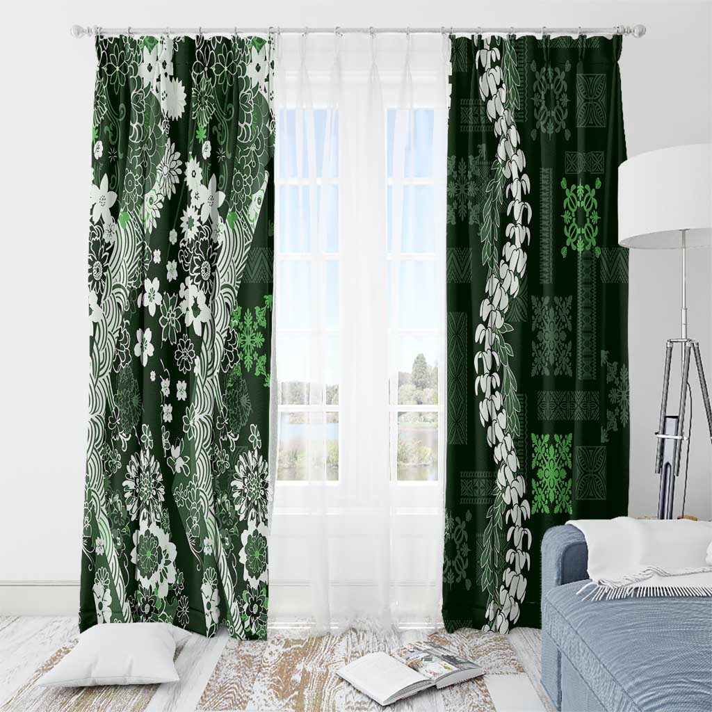 Hawaii Puakenikeni and Maile Lei Window Curtain Green Japanese Wave Style - Polynesian Pride