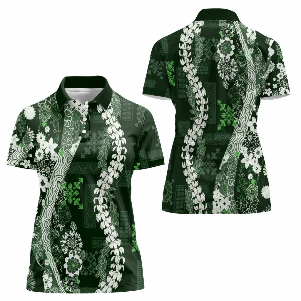 Hawaii Puakenikeni and Maile Lei Women Polo Shirt Green Japanese Wave Style - Polynesian Pride