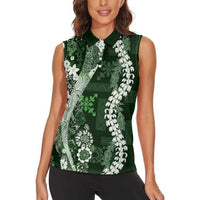 Hawaii Puakenikeni and Maile Lei Women Sleeveless Polo Shirt Green Japanese Wave Style - Polynesian Pride