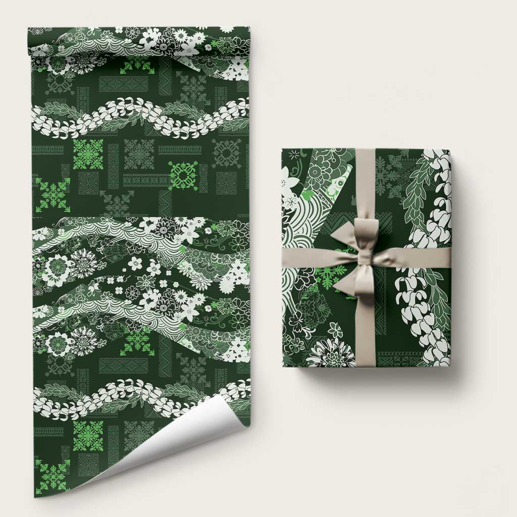 Hawaii Puakenikeni and Maile Lei Wrapping Paper Green Japanese Wave Style - Polynesian Pride