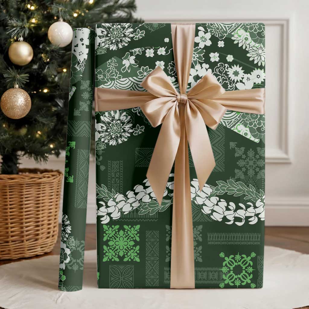 Hawaii Puakenikeni and Maile Lei Wrapping Paper Green Japanese Wave Style - Polynesian Pride