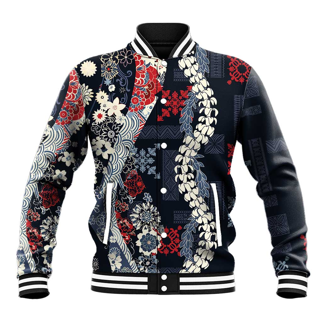 Hawaii Puakenikeni and Maile Lei Baseball Jacket Navy Blue Japanese Wave Style LT9 Unisex Navy Blue - Polynesian Pride