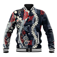 Hawaii Puakenikeni and Maile Lei Baseball Jacket Navy Blue Japanese Wave Style LT9 Unisex Navy Blue - Polynesian Pride