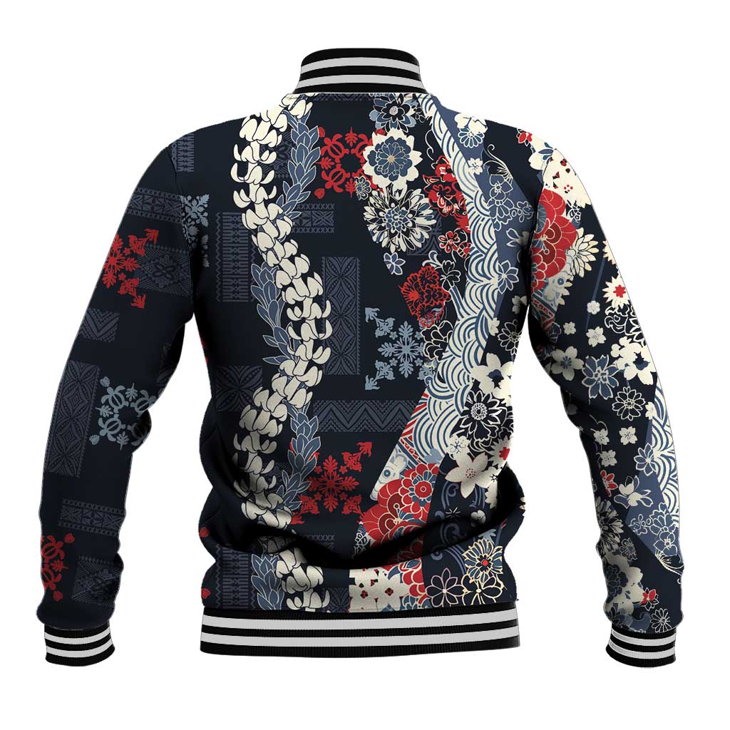 Hawaii Puakenikeni and Maile Lei Baseball Jacket Navy Blue Japanese Wave Style LT9 - Polynesian Pride
