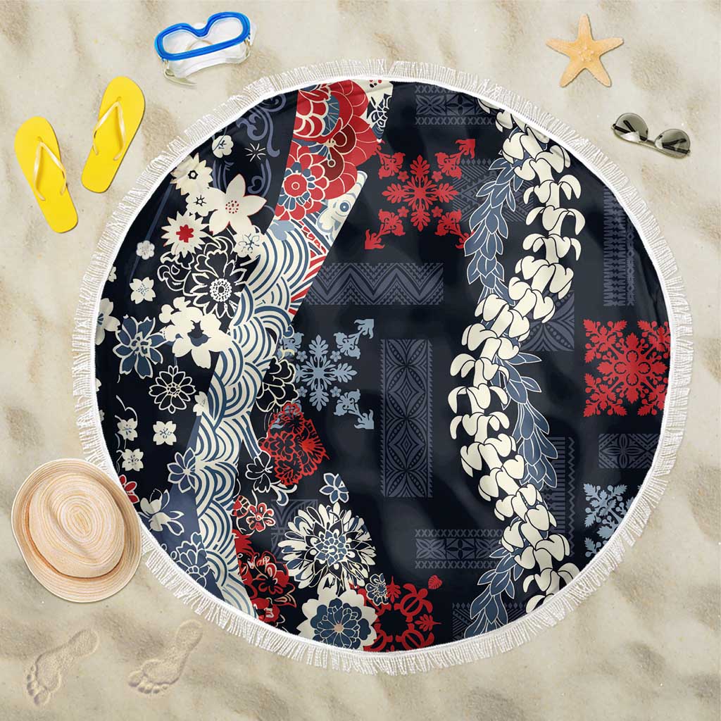 Hawaii Puakenikeni and Maile Lei Beach Blanket Navy Blue Japanese Wave Style LT9 One Size 150cm Navy Blue - Polynesian Pride