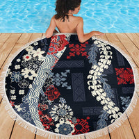 Hawaii Puakenikeni and Maile Lei Beach Blanket Navy Blue Japanese Wave Style LT9 - Polynesian Pride