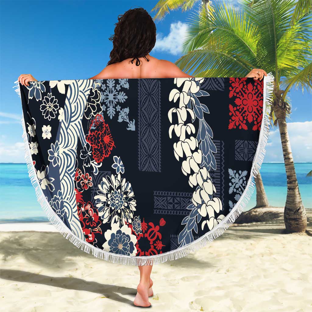 Hawaii Puakenikeni and Maile Lei Beach Blanket Navy Blue Japanese Wave Style LT9 - Polynesian Pride