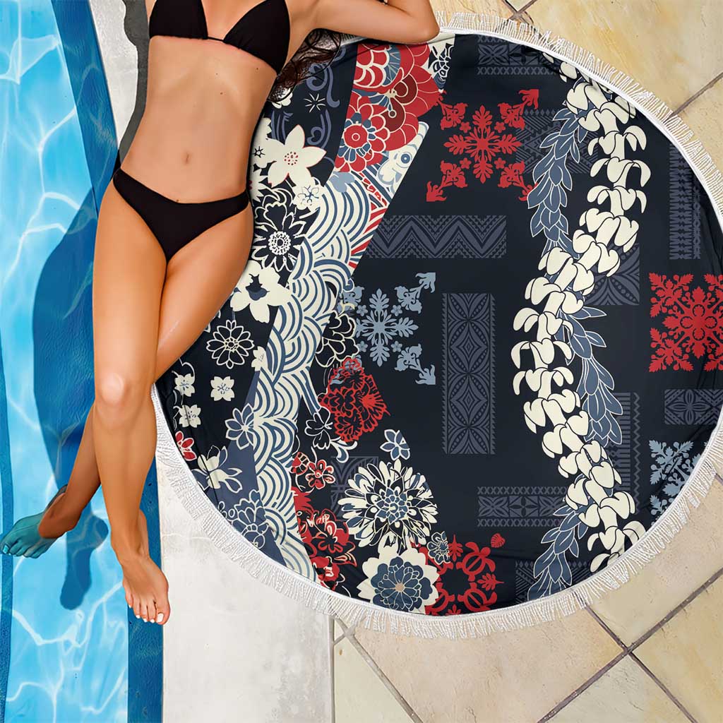 Hawaii Puakenikeni and Maile Lei Beach Blanket Navy Blue Japanese Wave Style LT9 - Polynesian Pride