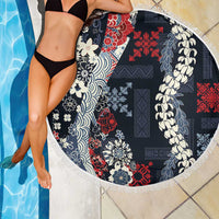 Hawaii Puakenikeni and Maile Lei Beach Blanket Navy Blue Japanese Wave Style LT9 - Polynesian Pride