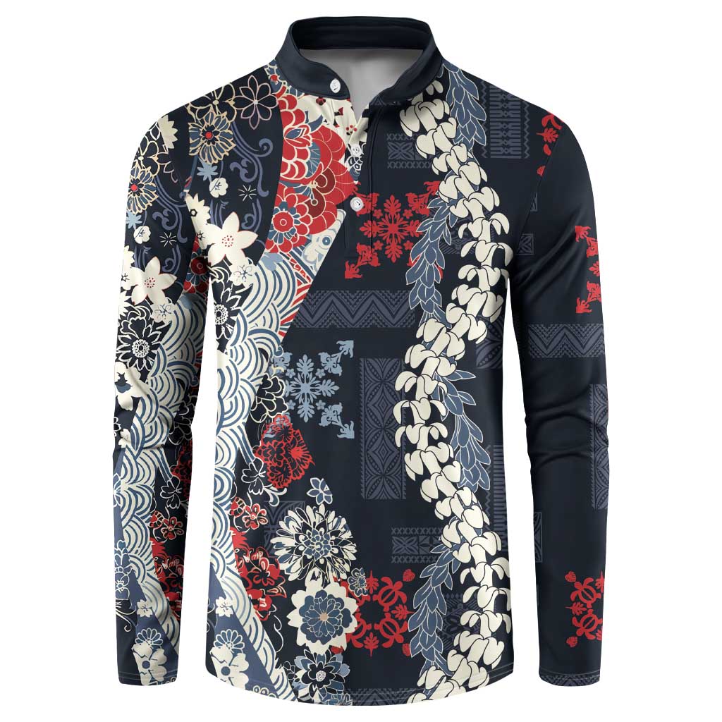 Hawaii Puakenikeni and Maile Lei Button Sweatshirt Navy Blue Japanese Wave Style LT9 Navy Blue - Polynesian Pride