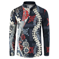 Hawaii Puakenikeni and Maile Lei Button Sweatshirt Navy Blue Japanese Wave Style LT9 Navy Blue - Polynesian Pride