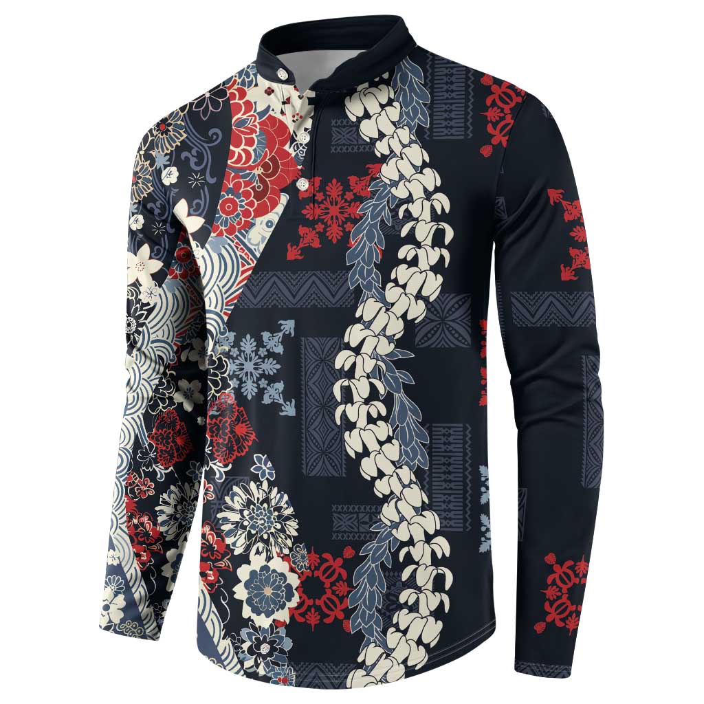 Hawaii Puakenikeni and Maile Lei Button Sweatshirt Navy Blue Japanese Wave Style LT9 - Polynesian Pride