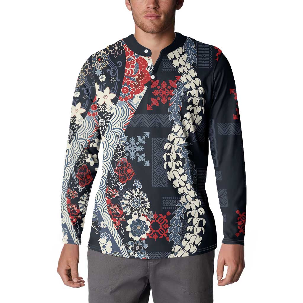 Hawaii Puakenikeni and Maile Lei Button Sweatshirt Navy Blue Japanese Wave Style LT9 - Polynesian Pride