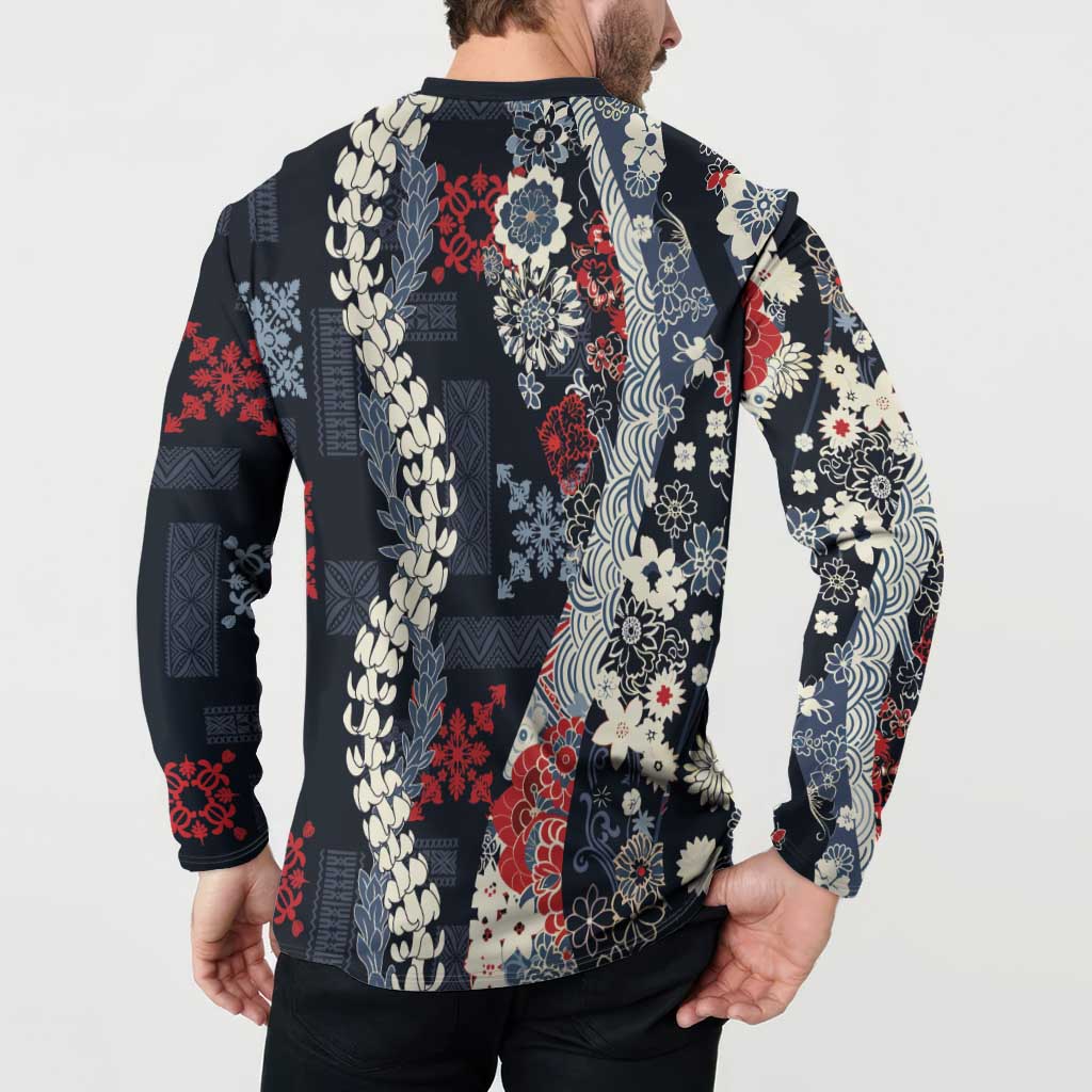 Hawaii Puakenikeni and Maile Lei Button Sweatshirt Navy Blue Japanese Wave Style LT9 - Polynesian Pride