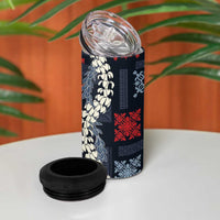 Hawaii Puakenikeni and Maile Lei 4 in 1 Can Cooler Tumbler Navy Blue Japanese Wave Style - Polynesian Pride
