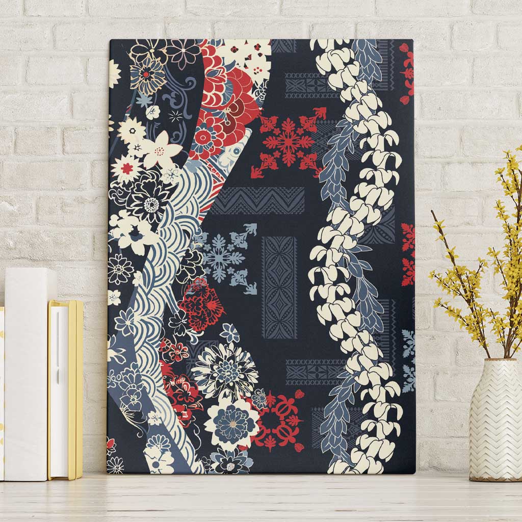 Hawaii Puakenikeni and Maile Lei Canvas Wall Art Navy Blue Japanese Wave Style LT9 Without Frame Navy Blue - Polynesian Pride