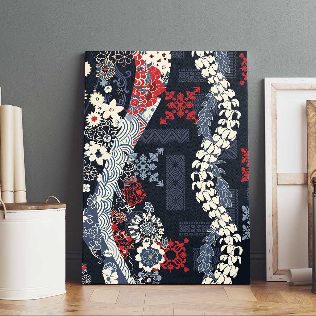 Hawaii Puakenikeni and Maile Lei Canvas Wall Art Navy Blue Japanese Wave Style LT9 - Polynesian Pride